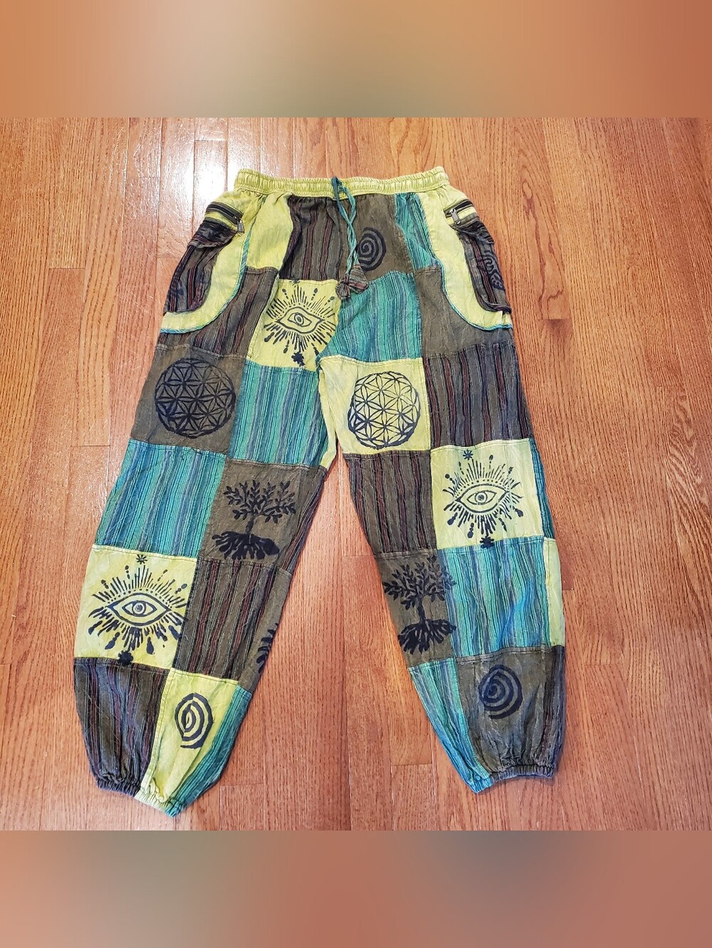 Boho Hippie Patchwork Cotton Pants With Pockets Harem Travel Yoga Meditatition L